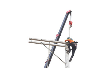 Worker on high place wear safety harness, Electric lineman repairman worker at climbing work on...