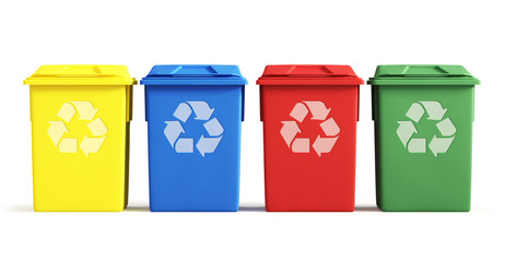 Colorful garbage bins dedicated for separate collection of rubbish. Isolated, clipping path included.