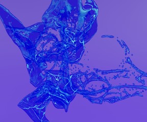 Blue paint splash isolated on purple background. 3d illustration. 3d rendering.