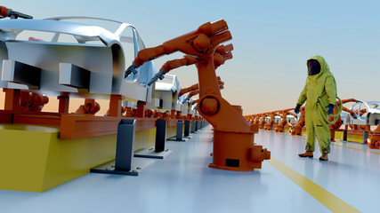 Automobile Production Robots Producing Cars with Corona Virus 3D illustration