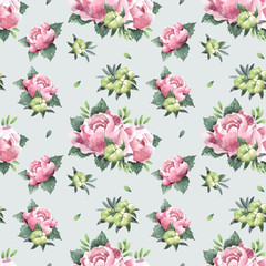 Seamless pattern of roses, leaves and buds in watercolor. Texture for textile design.