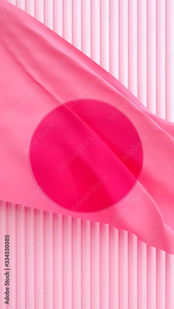 Poster abstract pastel pink 3d rendering scene with circle frame and fabric. tie vertical banner template w