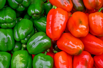Colorful bell peppers, Green bell peppers, Red bell peppers, Natural background.