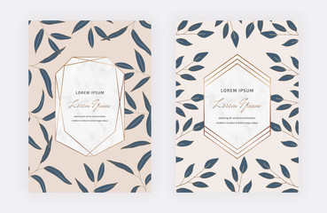 Marble cards with green leaves, geometric golden lines frames. 
