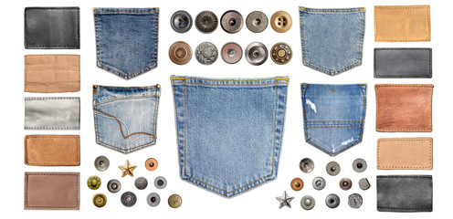 collection of various jeans parts on white