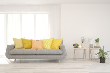 White living room with sofa. Scandinavian interior design. 3D illustration