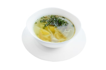 Chicken bouillon with noodles isolated on the white