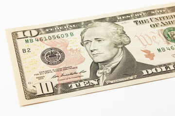 Ten dollar bills cash on white background