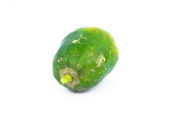 Portrait of a fresh green medium sized papaya fruit isolated on a white background