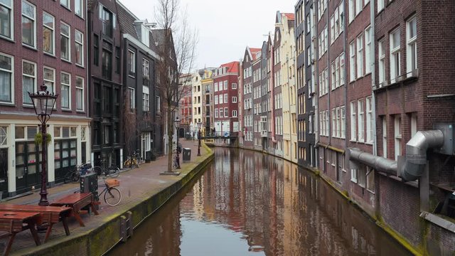 European city Amsterdam downtown landscape with empty streets without people, all stores closed, city on quarantine due to outbreak of coronavirus covid-19