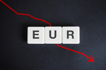 European Union alphabetic currency code (EUR) and descending red arrow on black background.