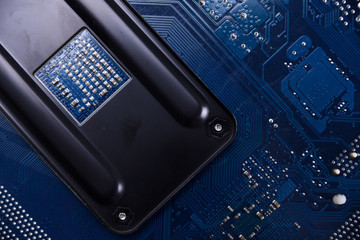 Computer motherboard background and electronical components cpu gpu memory and different sockets...