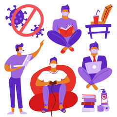 Set of men stay and do activity at home to prevent of flu spread. Male character working on laptop, game playing on console, reading book. Stay at home coronavirus concept. Flat vector illustration