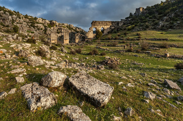 Fototapeta na wymiar Ruins of roman acqueduct in Olba, Turkey