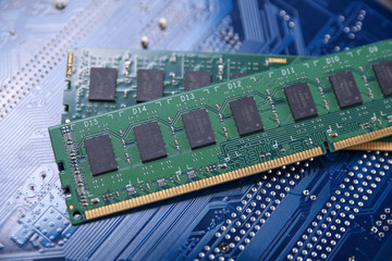 Computer memory RAM on motherboard background . Close up. system, main memory, random access...