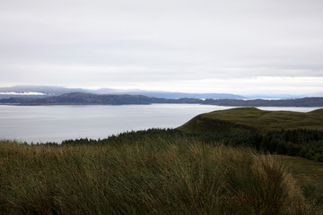 Trotternish - Skye Island (Scotland), UK - August 13, 2018: The landscape from Old Man of Storr, Trotternish, Isle of Skye, Inner Hebrides, Scotland, United Kingdom