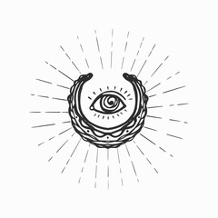 Masonic eye of providence in retro style on white background. Eye in the center of stylized new moon vector illustration.