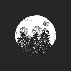 Full moon in the dark sky hand drawn vector illustration. Pine tree silhouettes on full moon background.