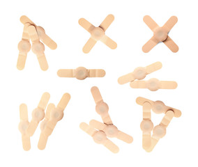 Set with sticking plasters on white background, top view