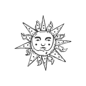 Eclipse vector sketch. Sun and moon illustration. Hand drawn sun engraving for tattoo or sticker. Element for pagan, occult magic, halloween or witchcraft theme.
