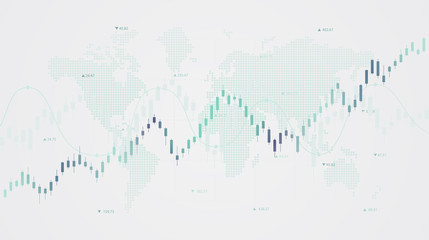 Abstract financial chart with candle stick graph and world map in stock market on white color background