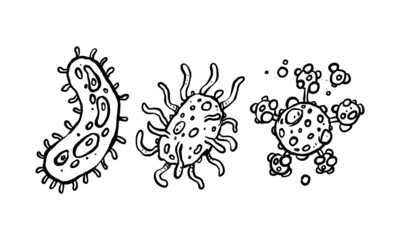 Simple set of 3 virus hand drawn vector. Hand drawn line art cartoon illustration. Isolated icon on white background