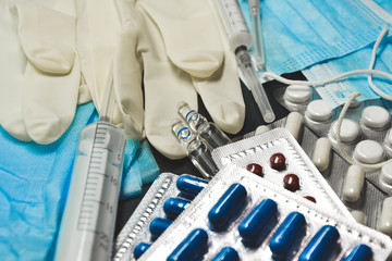 Medical equipment. Coronavirus protection. Medical face mask. Sterile gloves. Syringe and drugs....