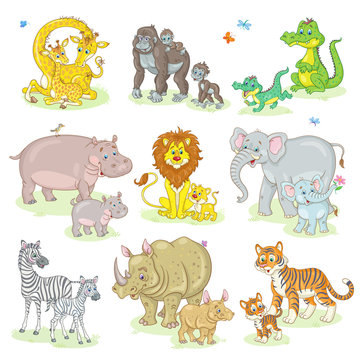 African funny animals - giraffe, gorilla, crocodile, hippo, lion, elephant,  zebra, rhino, tiger with their cute children. In cartoon style. Isolated on white background. Vector illustration