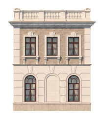 Facade of a two-story classic house with windows. 3D rendering