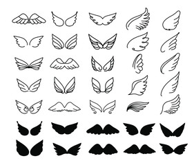Vector wings icon set. Bird or angel wing silhouette illustration design feather. Wings icon sketch collection hand drawing.