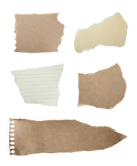 Set of different ripped notebook papers on white background