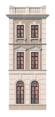 Facade of a three-story classic house with windows. 3D rendering