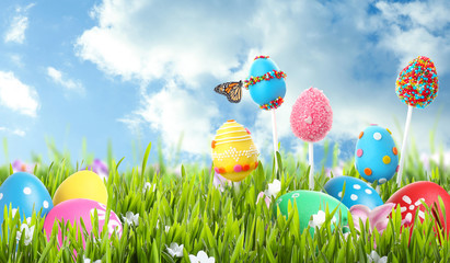 Bright Easter eggs and cake pops in green grass against blue sky. Space for text