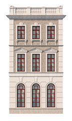 Facade of a three-story classic house with windows. 3D rendering