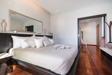 Bedroom with ceiling fan of pool villa, house, home, condo and apartment