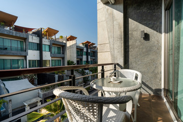 Outdoor seat on balcony with a view in pool villa, house, home, condo and apartment