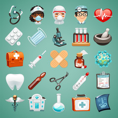 Cartoon icons on a medical theme. Avatars of characters of doctors and nurse. Objects for treatment, tablets, test tubes, first aid kit, syringe, vaccine, mask and other accessories. Realistic style.