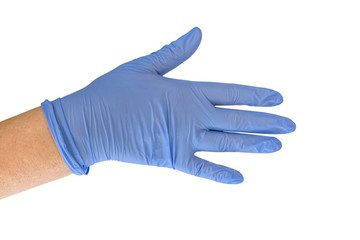 Hand of woman with blue medical glove isolated on white background