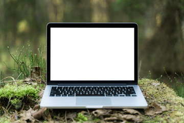 Laptop outside concept. Empty copy space, blank screen mockup. Soft focus laptop in nature background. Ecology travel and work outside office concept. - 334538092