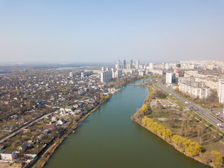 Fototapeta na wymiar Lakes in a residential area of Kiev. Aerial drone view.