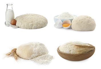 Set with raw dough and ingredients for pastries on white background