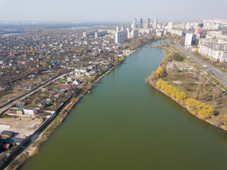 Fototapeta na wymiar Lakes in a residential area of Kiev. Aerial drone view.