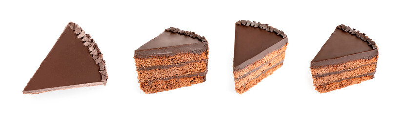 Set with different chocolate cake pieces on white background. Banner design