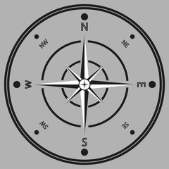 Black and white image of a compass in a flat rear. Isolated on gray background