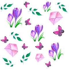 Spring set of elements consisting of a pink paper envelope, lilac crocuses, green leaves and a butterfly. Suitable for decoration of paper for gifts, textiles, garden equipment decorations