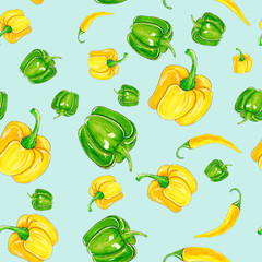 Pattern of green and yellow peppers on a blue / turquoise background. It can be used for packaging paper, for menu design in cafes, for decorating garden equipment