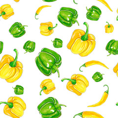 Pattern of green and yellow peppers on a white background. It can be used for packaging paper, for menu design in cafes, for decorating garden equipment