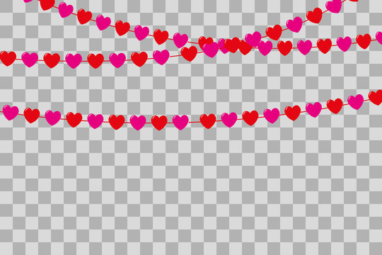 Garland of red and pink hearts on a transparent background. Valentines day, weddings and other saints. Vector