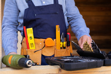 Close up construction tool belt and work instruments