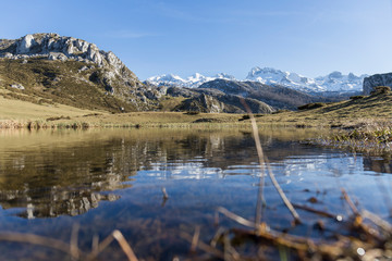 mountainous landscape, small lake in which the mountain, the meadow and the blue sky are reflected
